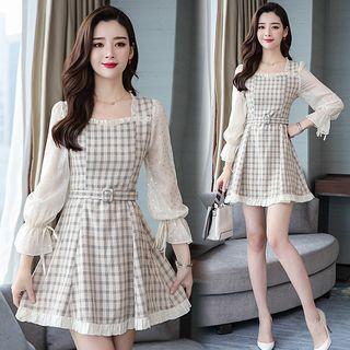 Bell-sleeve Plaid Mini A-line Dress
