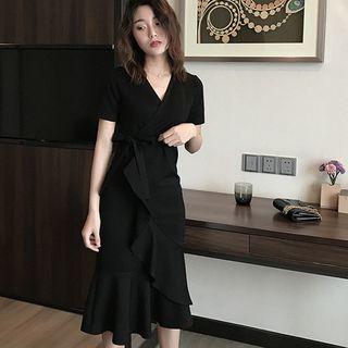 Short-sleeve Ruffle Wrap Sheath Dress