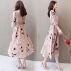 3/4-sleeve Floral Chiffon A-line Midi Dress