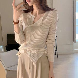 Asymmetrical Button-up Ribbed Knit Cardigan
