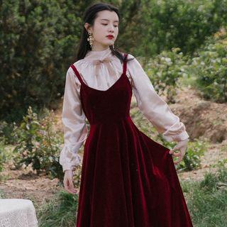 Set: Bow Accent Blouse + Corduroy Spaghetti Strap Midi A-line Dress