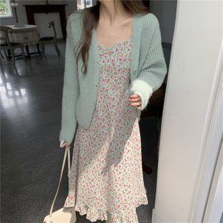 Plain Cardigan / Floral Strappy Midi A-line Dress