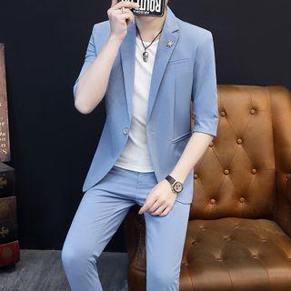 Set: Single-button Elbow-sleeve Blazer + Cropped Straight Leg Pants