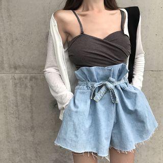 Spaghetti Strap Sleelveess Top / Plain Cardigan / Drawcord Shorts