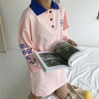 Lettering 3/4-sleeve Oversized Polo Shirt