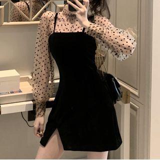 Set: Dotted Mesh Blouse + Sleeveless Dress