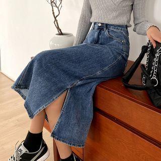 High-waist A-line Denim Split Midi Skirt
