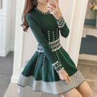 Long-sleeve Diamond Print Mini A-line Dress