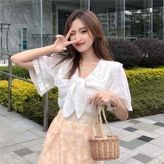 Short-sleeve Tie-front Blouse / Floral Print Midi Chiffon Skirt