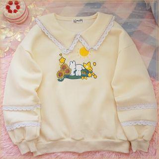 Collared Lace Trim Print Sweatshirt Yellow - One Size