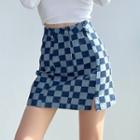 Checkered Denim Mini Pencil Skirt