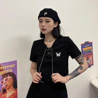 Short-sleeve Butterfly Embroidered Top / Mini Skirt