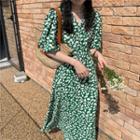 Elbow-sleeve Floral Maxi Dress Green & White - One Size