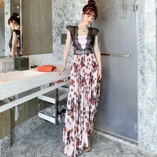 Cap-sleeve Lace Trim Butterfly Print A-line Maxi Dress