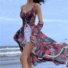 Set: Spaghetti Strap Floral Print Sheer Dress + Arm Sleeves
