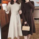 Long-sleeve Mock Tie-waist Midi Dress