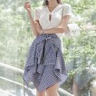 Set: Short-sleeve Plain Cut-out Knit Top + High-waist Asymmetric Striped Skirt