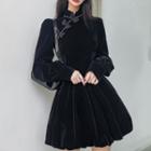 Long-sleeve Bow Velvet Mini Qipao Dress
