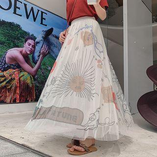 Printed Mesh Midi A-line Skirt