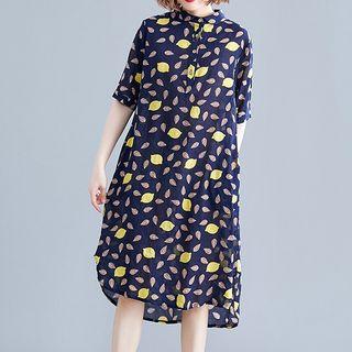 Leaf Print Elbow-sleeve Midi Shirt Dress