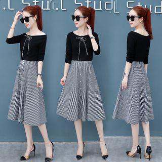 Set: Long-sleeve T-shirt + Midi A-line Skirt