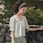 Short-sleeve Collared Tie Neck Lace Trim Blouse White - One Size