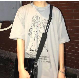 Elbow-sleeve Print T-shirt Light Gray - One Size