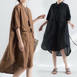Elbow-sleeve Asymmetric Hem Shirtdress