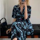 Set: Print Loose-fit Short-sleeve Shirt + Skirt Black & Blue - One Size