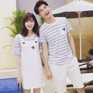 Couple Matching Striped Short-sleeve T-shirt / Shorts / Jumper Dress