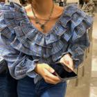 Long-sleeve V-neck Plaid Ruffle Loose-fit Blouse Blue - One Size