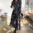 Wide-collar Frilled Patterned Maxi Tiered Dress