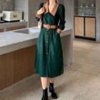 Long-sleeve Tie-waist Color-block Corduroy Maxi Dress