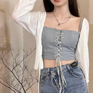 Lace-up Ribbed Camisole Top / Cardigan