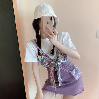 Mock Two-piece Elbow-sleeve T-shirt / Fray Hem Mini A-line Skirt