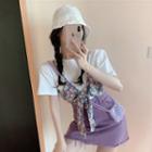 Mock Two-piece Elbow-sleeve T-shirt / Fray Hem Mini A-line Skirt
