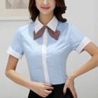 Short-sleeve Contrast-trim Shirt / Pencil Skirt