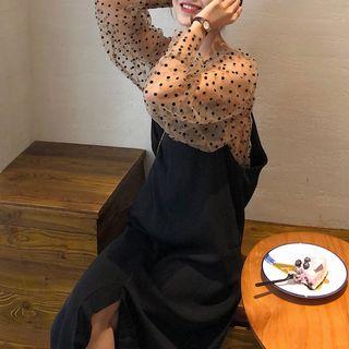 Dotted Mesh Blouse / Slit-hem Slipdress