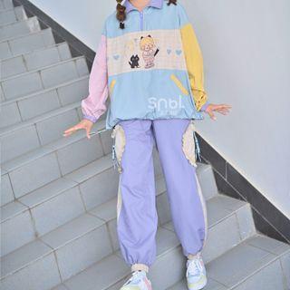 Cartoon Print Half Zip Jacket / Heart Pocket Jogger Pants