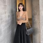 Rhinestone Long-sleeve Knit Top / Midi A-line Skirt