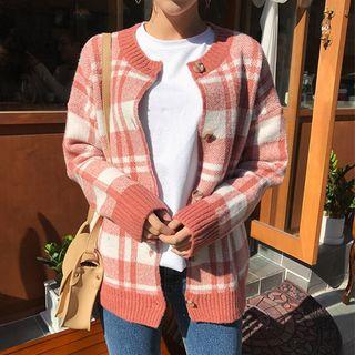 Crew-neck Plaid Cardigan