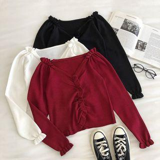 Plain V-neck Ruffled-trim Long-sleeve Knit Top