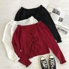 Plain V-neck Ruffled-trim Long-sleeve Knit Top