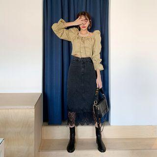 Lace-hem H-line Long Denim Skirt