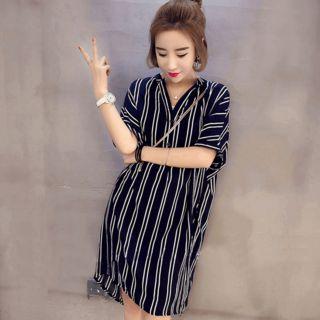 Short-sleeve V-neck Striped Polo Dress