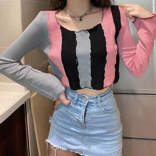 Long-sleeve Color Block Crop Top As Shown In Figure - One Size