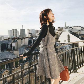 Set: Long-sleeve T-shirt + Plaid Mini Overall Dress
