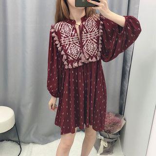 Long-sleeve Embroidered Paneled A-line Mini Dress