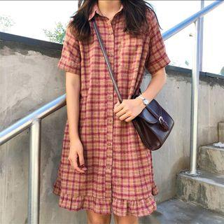 Plaid Loose-fit Short-sleeve Dress