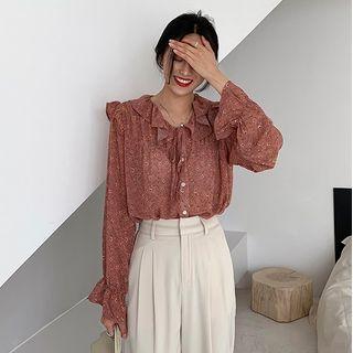 Long-sleeve Floral Print Blouse Sand - One Size
